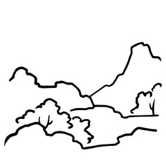Outline landscape. There are mountains and bushes. Vector illustration