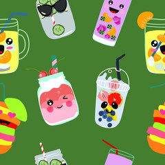 Seamless pattern. Cute kawaii drinks. Various varieties of refreshing lemonades and fruits. Vector illustration