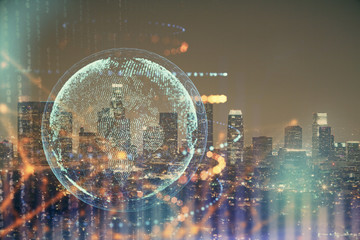 Obraz premium Map and data theme hologram on city view with skyscrapers background double exposure. International technology in business concept.