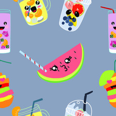 Seamless pattern. Cute kawaii drinks. Various varieties of refreshing lemonades and fruits. Vector illustration