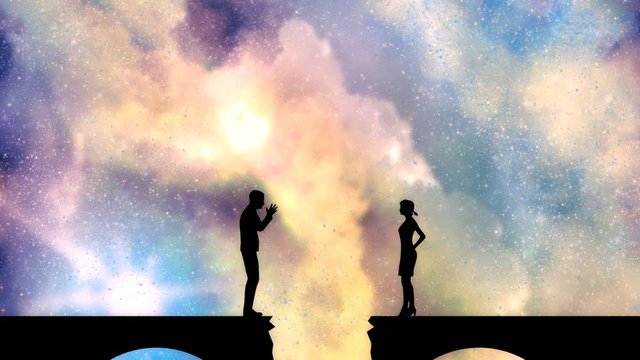 Silhouette of man in prayer pose. Man asking woman. Deep space filled with stars, nebula and galaxy. Cutout silhouettes. Broken bridge