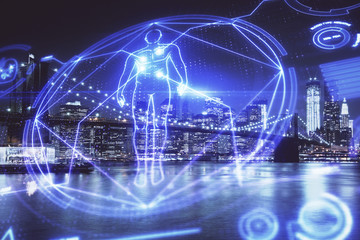 Double exposure of education theme drawing and cityscape background.