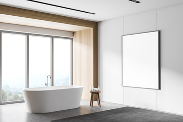 Fototapeta na wymiar White and wooden bathroom corner, tub and poster