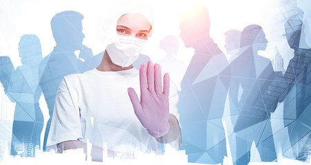 Woman in mask and her team in city