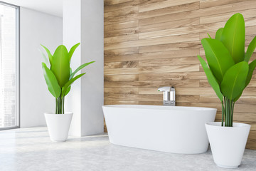White and wooden bathroom corner with tub