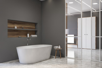 Obraz na płótnie Canvas Grey bathroom corner with tub and shelf