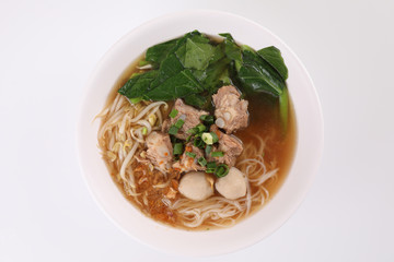 Local Thai food , Noodle with meat ball and pork isolated in white background