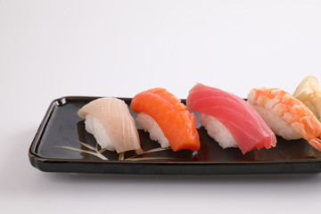 Sushi set , Japanese food sushi salmon tuna shrimp  and sea bass isolated in white background
