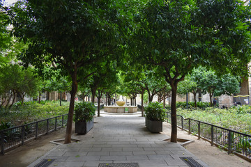 Small park with green trees and a stone fountain.