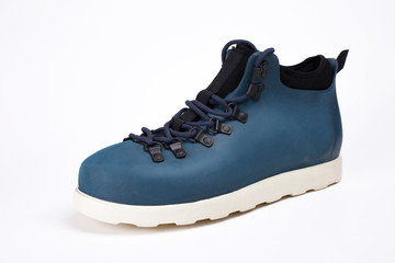 Urban style male footwear isolated. Left side cool urban boot side view closeup