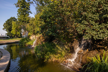 An artificially built lake into which three waterfalls flow. The lake is below Spilberk Castle in the city of Brno in the Czech Republic in Europe.