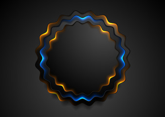 Black wavy circle badge with glowing blue and orange neon light abstract background. Vector corporate design