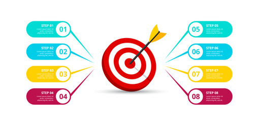 Infographic template with target and dart. Vector illustration with 8 parts, options or steps. Can be used for workflow layout, diagram, business step options, banner, web design