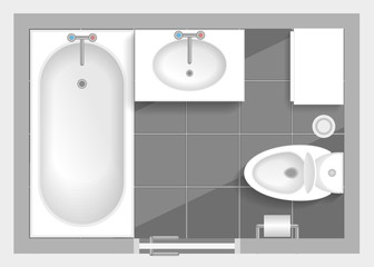 Little bathroom with floor tiles. Bathtub, toilet bowl and sink realistic. Top view. 