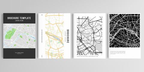 Realistic vector layouts of cover mockup design templates in A4 format with urban city map of Paris for brochure, cover design, flyer, book design, magazine, poster.
