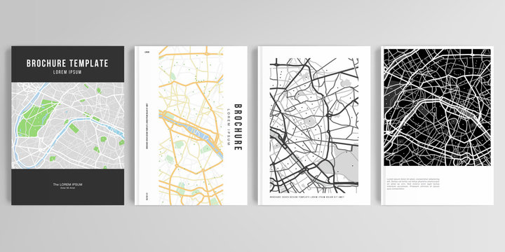 Realistic vector layouts of cover mockup design templates in A4 format with urban city map of Paris for brochure, cover design, flyer, book design, magazine, poster.
