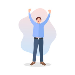 Fototapeta na wymiar Young man standing and raising hands or arms. Successful smiling guy. Businessman concept. Career goal icon. Victory sign or symbol. Winner pose - Simple flat vector style character illustration.
