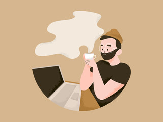 man with a cup of coffee. Man working on laptop and have a coffee illustration. International day of coffee with text space concept