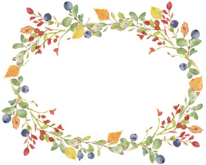 Naklejka na ściany i meble Watercolor wreath. Hand painted autumn branches and blueberries, aspen and birch leaves.