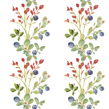 Watercolor seamless pattern. Hand painted autumn branches and blueberries.