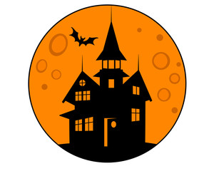 Halloween mansion with bats on the background of the orange moon - vector round illustration. Illustration for the holiday Halloween - a scary house.