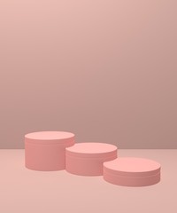 Luxury concrete scene with geometrical forms. Cylinder podiums on pink background. Showcase, shopfront, display case and stage. 3D illustration