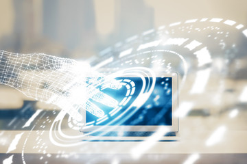 Multi exposure of table with computer on background and data theme drawing. Concept of innovation.