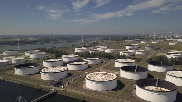Aerial of a terminal for storage of mineral oil products and chemicals at Rotterdam Botlek, Netherlands