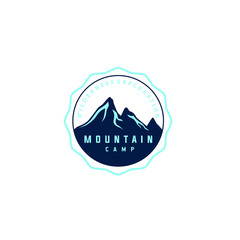 Fun badge of adventure group with radial circle and mountains silhouette isolated on white background