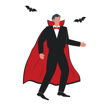 Man in a vampire costume at a halloween party. There are also bats in the picture. Vector illustration