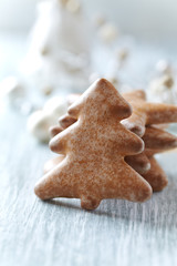 Christmas gingerbread cookies on wooden background. Close up. 