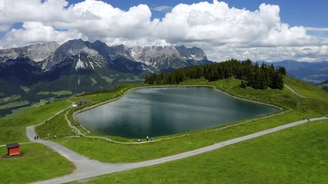 Mountain lake near Ellmau from above, Wilderkaiser mountains in background, Austria