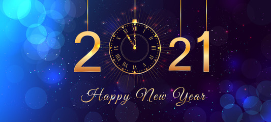 Happy New Year 2021 blue background with bokeh effect, hanging golden numbers, gold vintage clock and lights. Magic holiday banner, poster or greeting card with happy new year text.