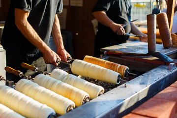 Hungarian traditional street food baking pastry kurtosh kalach or trdelnik