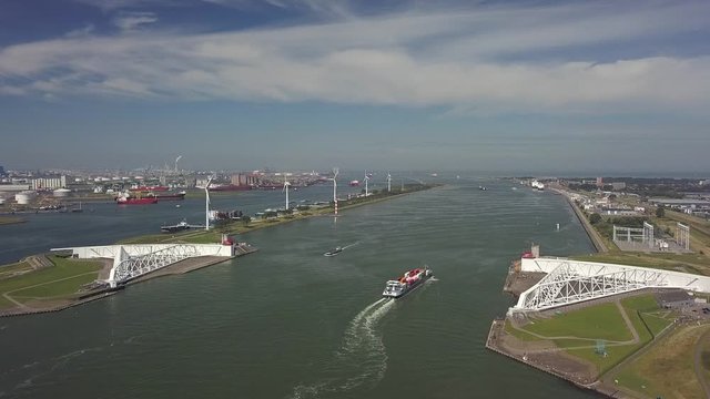 Deltaworks Maaslandkering Maesland barrier near Rotterdam in the Netherlands, Aerial