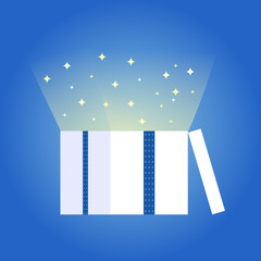 Vector illustration of a gift box with spark star light came from the box. With blue radial gradient background