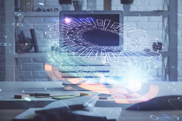 Multi exposure of desktop computer and technology theme hologram. Concept of software development.