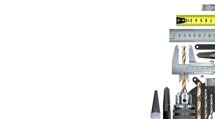 Locksmith decorative corner composition on theme of craft hand metal processing and work skill. 3d set tools of metalworking, locksmithing, isolated on white background. Illustration copy-space