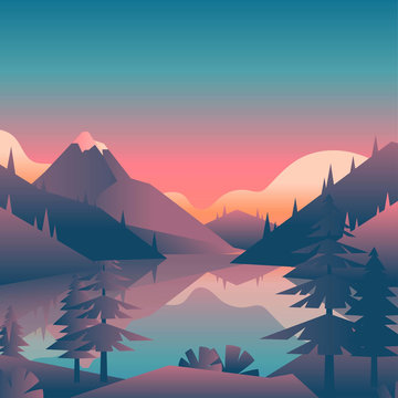 Colorful illustration of spruce trees in the mountains at sunset