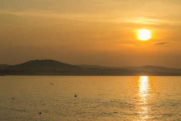 Obraz premium Golden hour sunset at Colwyn bay, North Wales. Warm sky with seagulls sitting on the water.
