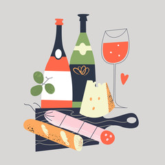 Still-life. Bread, salami, cheese on a black chopping Board. A few bottles of wine and a glass of red wine. Vector illustration in a flat style on a gray background. - 373240168