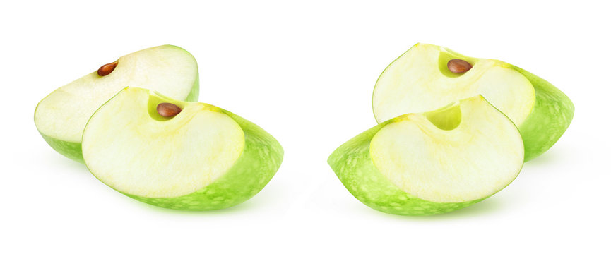 Isolated apple slices. Two pieces of green apple fruit isolated on white background