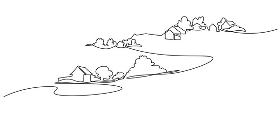 Ländliche Landschaft kontinuierliche einzeilige Vektorzeichnung. Haus am See in der handgezeichneten Silhouette des Waldes. Panoramaskizze der ländlichen Natur. Dorf minimalistische Konturdarstellung.