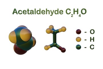 Structural chemical formula and molecular model of acetaldehyde, an organic chemical compound produced by plants. It is contained in tobacco smoke. 3d illustration