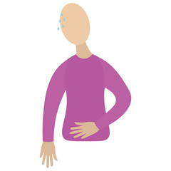 Abdominal pain. Sign of diarrhea. Vector icon. Isolated white background. Flat style. Torsion in the intestines. The man holds on to his stomach. Sweat drips from the face. Sharp pain. Health topic. 
