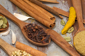 Aromatic spices on wooden spoons. Food ingradients.


