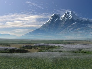 Fototapeta premium 3d, 3d illustration, adventure, art, atmosphere, backdrop, background, beautiful, beauty, blue, cloud, clouds, color, concept, design, fantasy, horizon, illustration, land, landscape, light, mountain,
