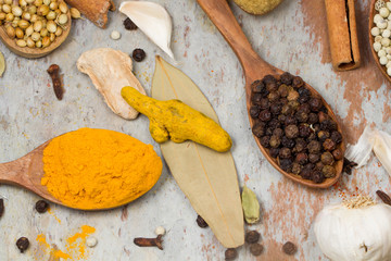 Aromatic spices on wooden spoons. Food ingradients.


