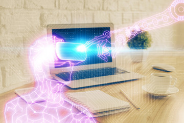 Fototapeta na wymiar Computer on desktop with AR theme icon. Multi exposure. Concept of augmented reality.