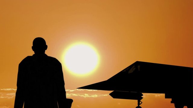 Silhouette of a Jet Pilot and Fighter at Sunset